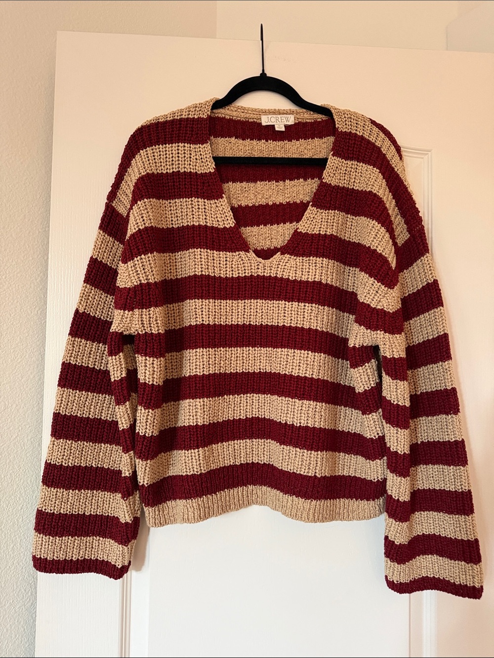 J. Crew Maroon and Tan Striped V-Neck Sweater